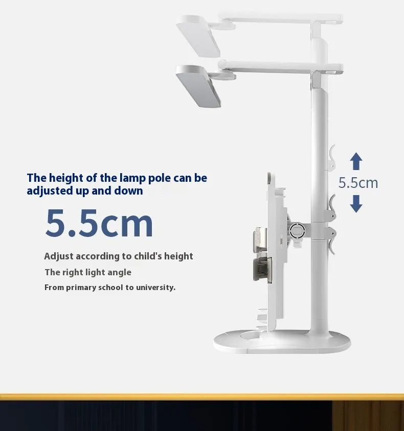 Multifunctional table lamp with adjustable colour temperature and integrated bookshelf on a desk.