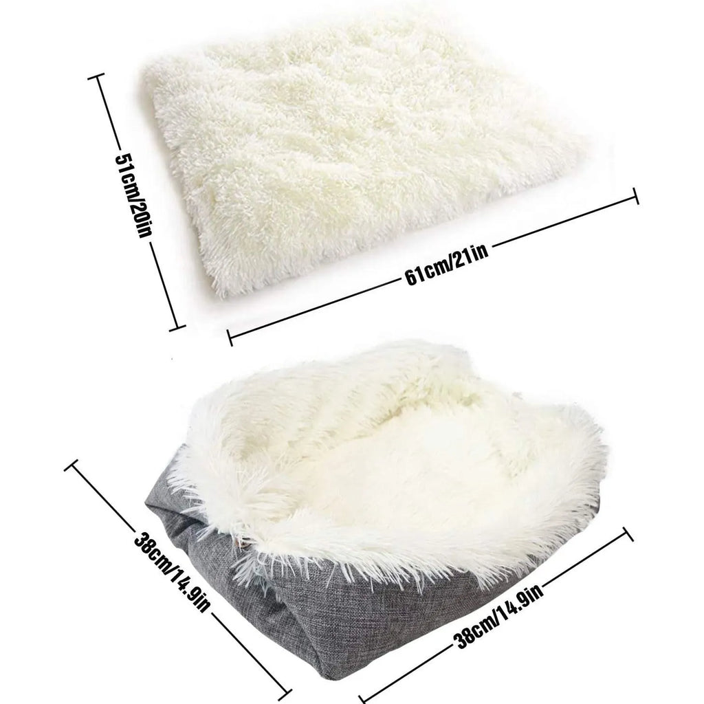 Grey double layer pet blanket nest with fluffy plush top and black non-slip bottom.