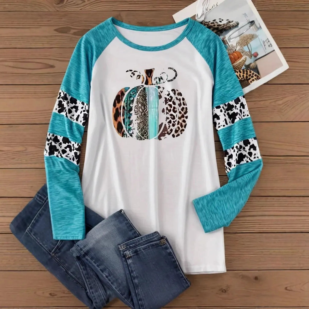 Sky blue casual T-shirt with Halloween pumpkin 3D printed pattern and long sleeves