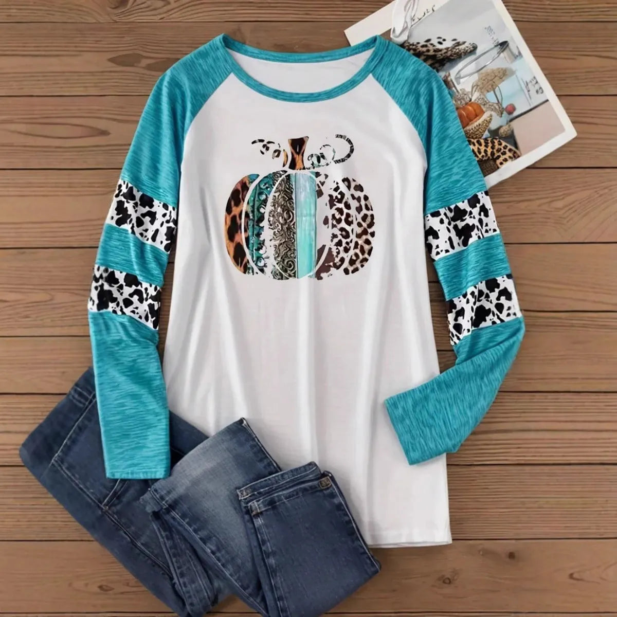 Sky blue casual T-shirt with Halloween pumpkin 3D printed pattern and long sleeves