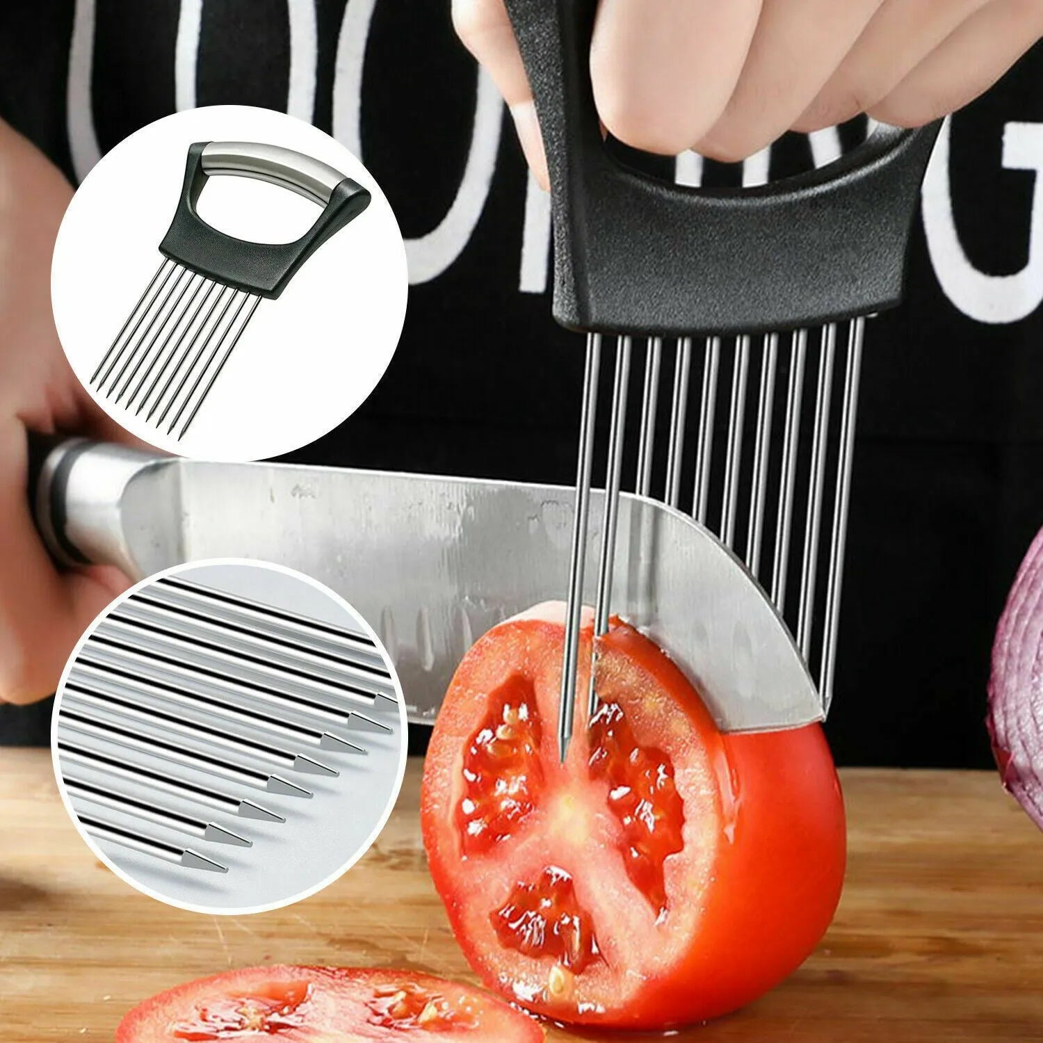 Stainless steel onion holder slicer with ABS base, measuring 14cm by 9.5cm, for secure food cutting