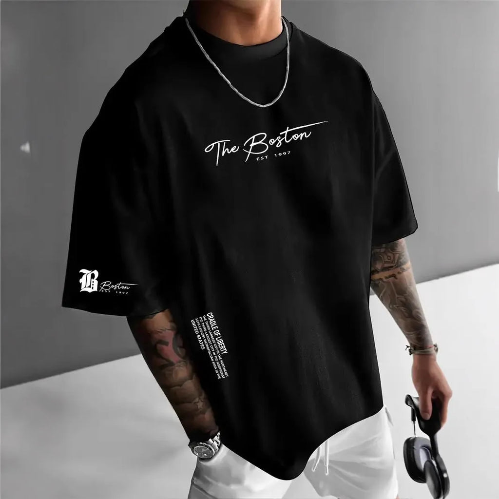 Men's loose letter print short sleeve t-shirt in polyester, round neck pullover, available in white black coral apricot.
