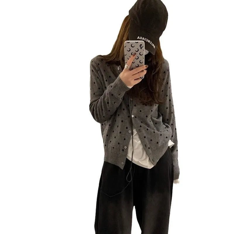 Women's gray dot knitted cardigan with crocheted flowers, 50cm length, viscose fibre, loose fit for autumn wear