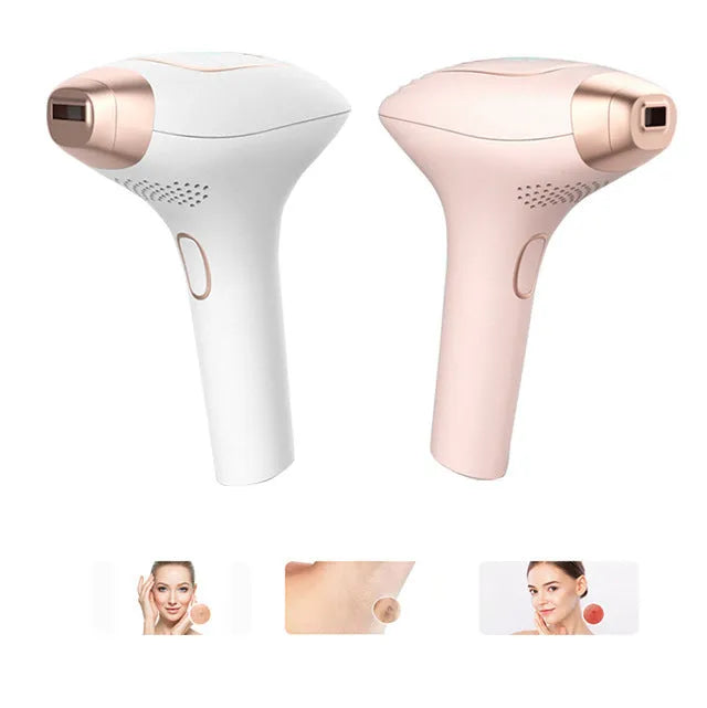 Pink and white IPL laser hair removal device with cooling system, charging cable, shaver, and safety glasses