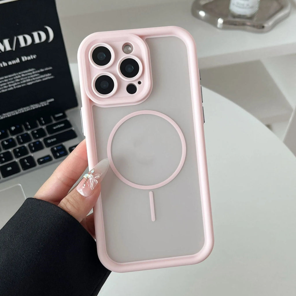 Magnetic skin-feel phone case for iPhone in black, blue, grey, khaki, or pink with TPU PC shockproof cover