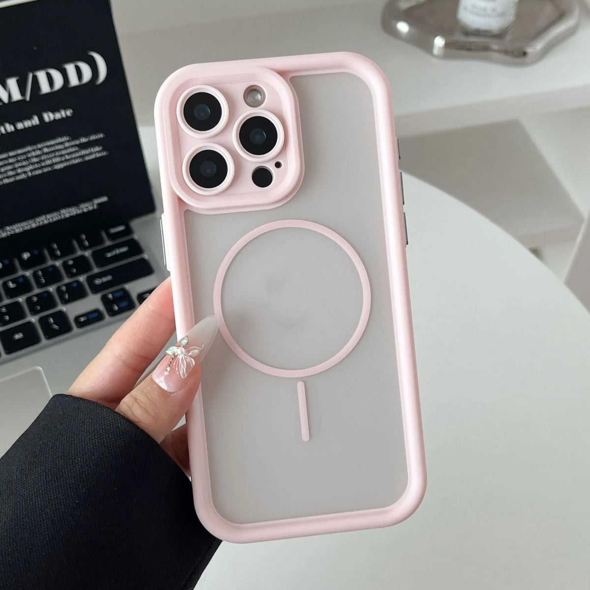 Magnetic skin-feel phone case for iPhone in black, blue, grey, khaki, or pink with TPU PC shockproof cover