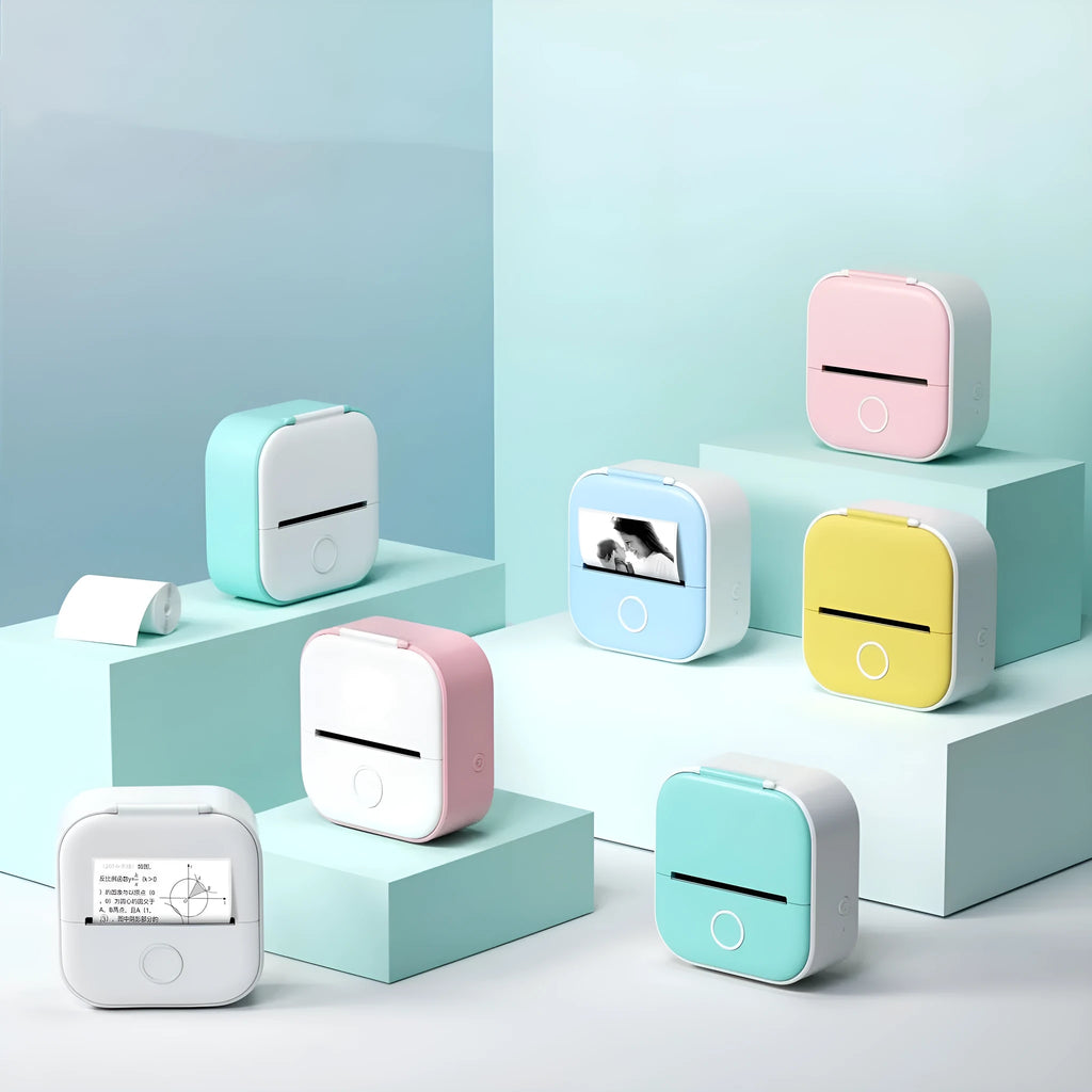 Mini thermal printer with rabbit ear protective case showing colour options including pink, green, white, blue, and yellow variants