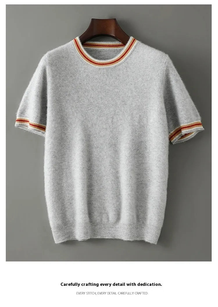 Men's round neck pure wool short sleeve sweater in white, grey, or black, showing pullover style and regular sleeves