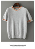 Men's round neck pure wool short sleeve sweater in white, grey, or black, showing pullover style and regular sleeves