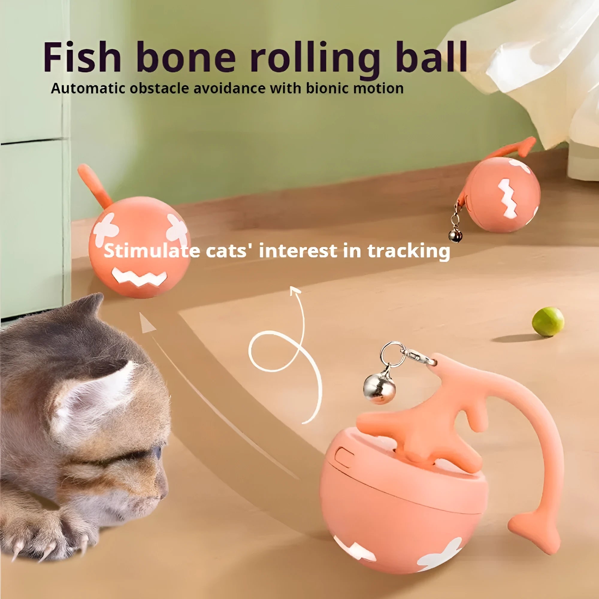 USB electric cat teasing ball with fish bone design and separate teasing stick in blue, pink, or yellow
