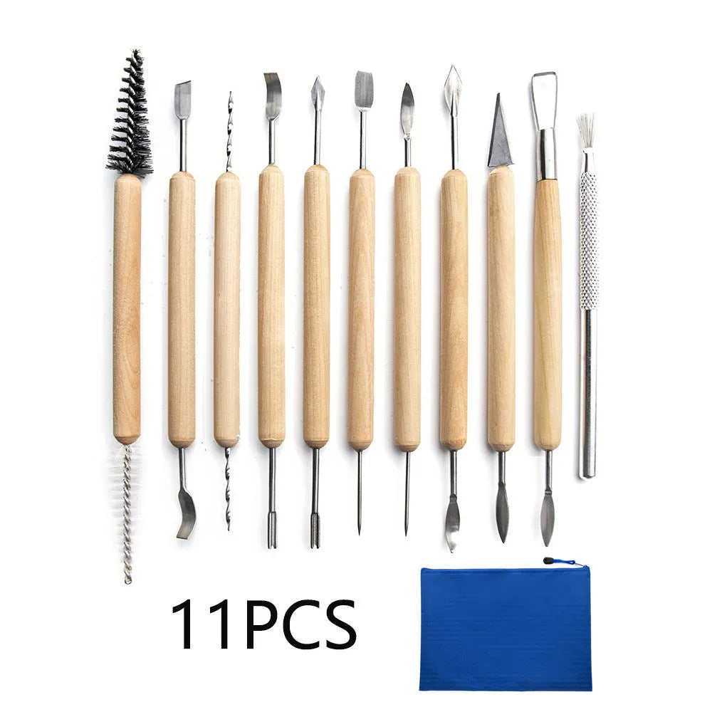 11-piece clay pottery tools set with wooden stainless steel construction and multi-combination repair billet tools
