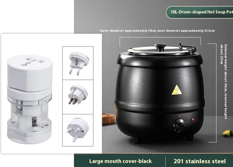 Black stainless steel insulation pot with steel cover, 10-litre capacity for commercial kitchen soup preservation