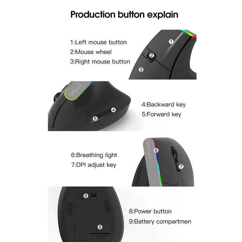 M618C vertical ergonomic wireless RGB mouse in black or white with hand-held design