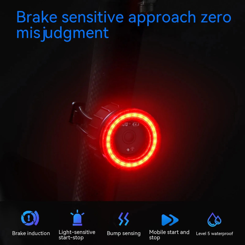 Black aluminium alloy bicycle taillight with seat tube bracket, showing 3.7V induction brake light design