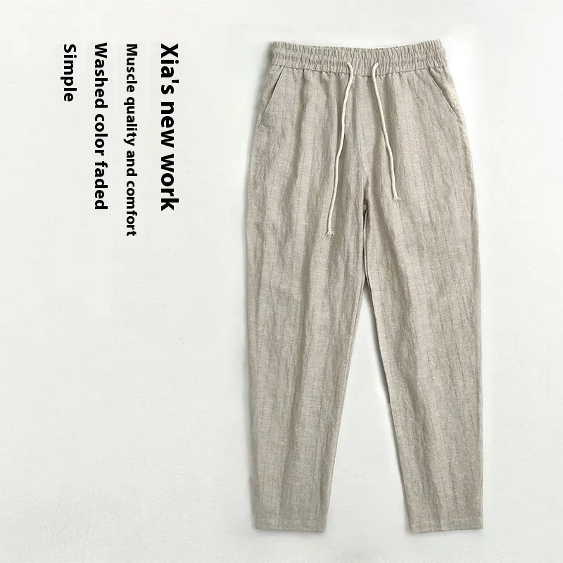 Men's striped cotton-linen cropped trousers in khaki, coffee, navy blue and white colour options