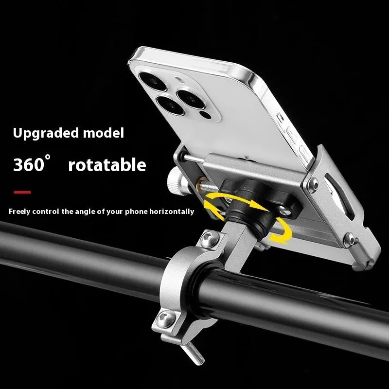 Aluminium alloy mobile phone holder mounted on a bicycle handlebar, shown in black.
