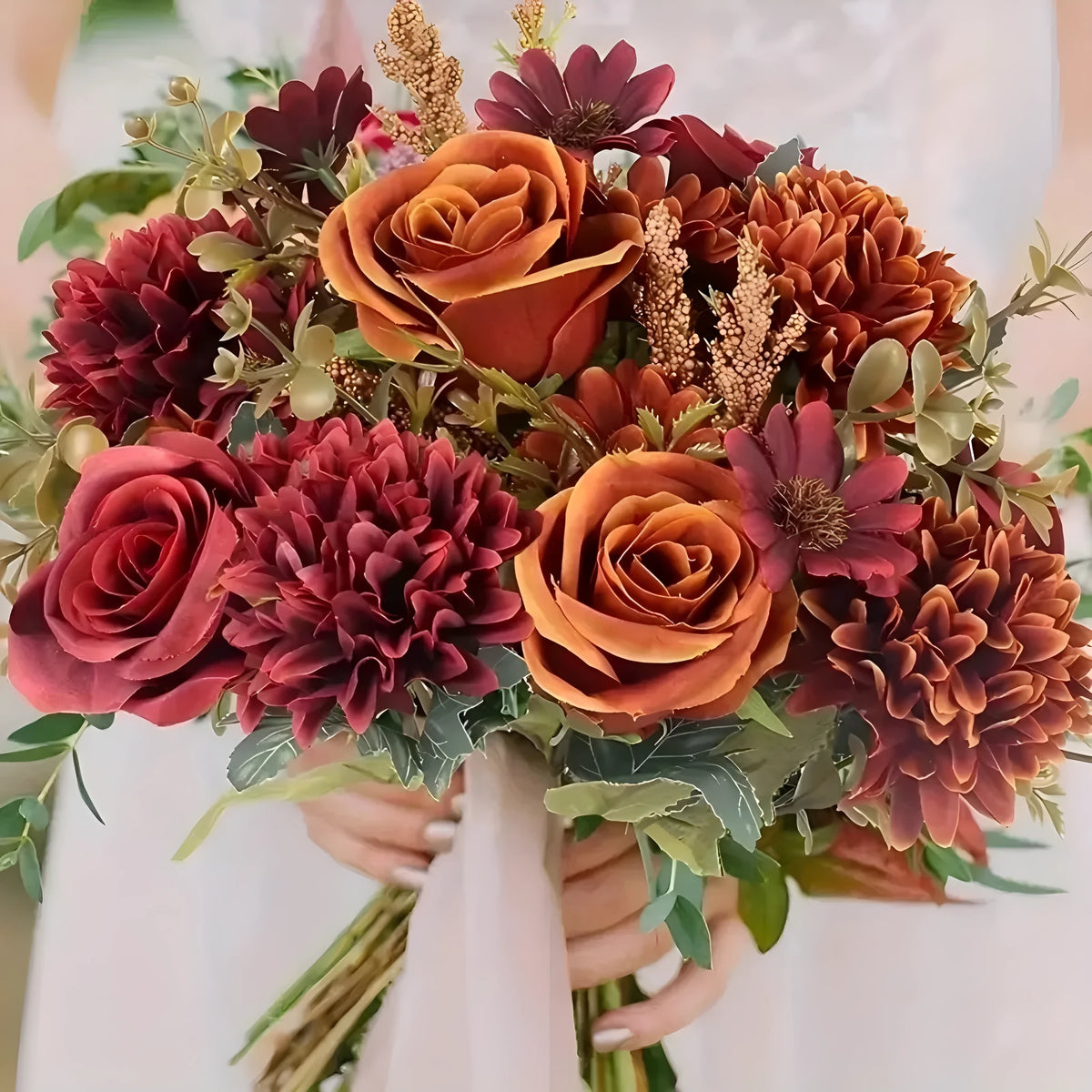Close-up of an artificial Autumn Hydrangea silk flower bouquet in champagne colour