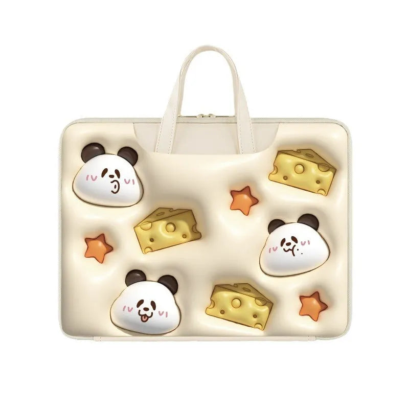 Inflatable laptop bag with hanging loop in PU leather showing cat beige design