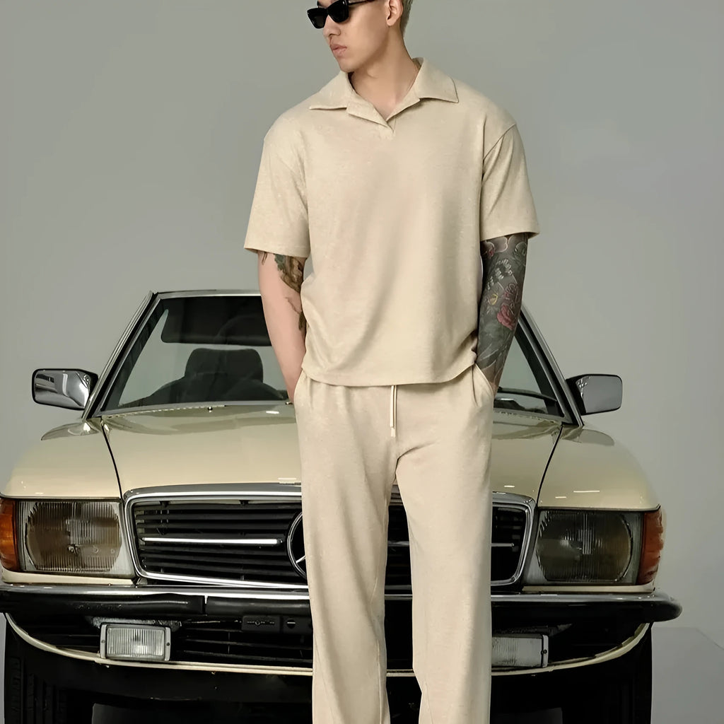 Men's beige cotton lapel short-sleeved T-shirt and trousers suit, casual summer two-piece set for elderly men