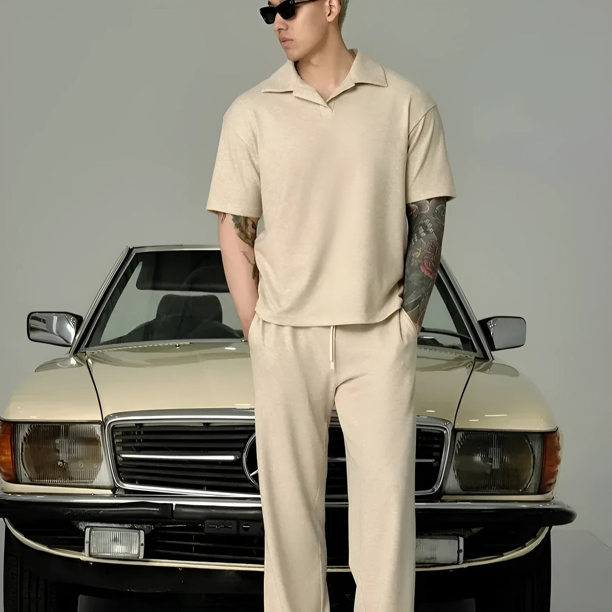 Men's beige cotton lapel short-sleeved T-shirt and trousers suit, casual summer two-piece set for elderly men