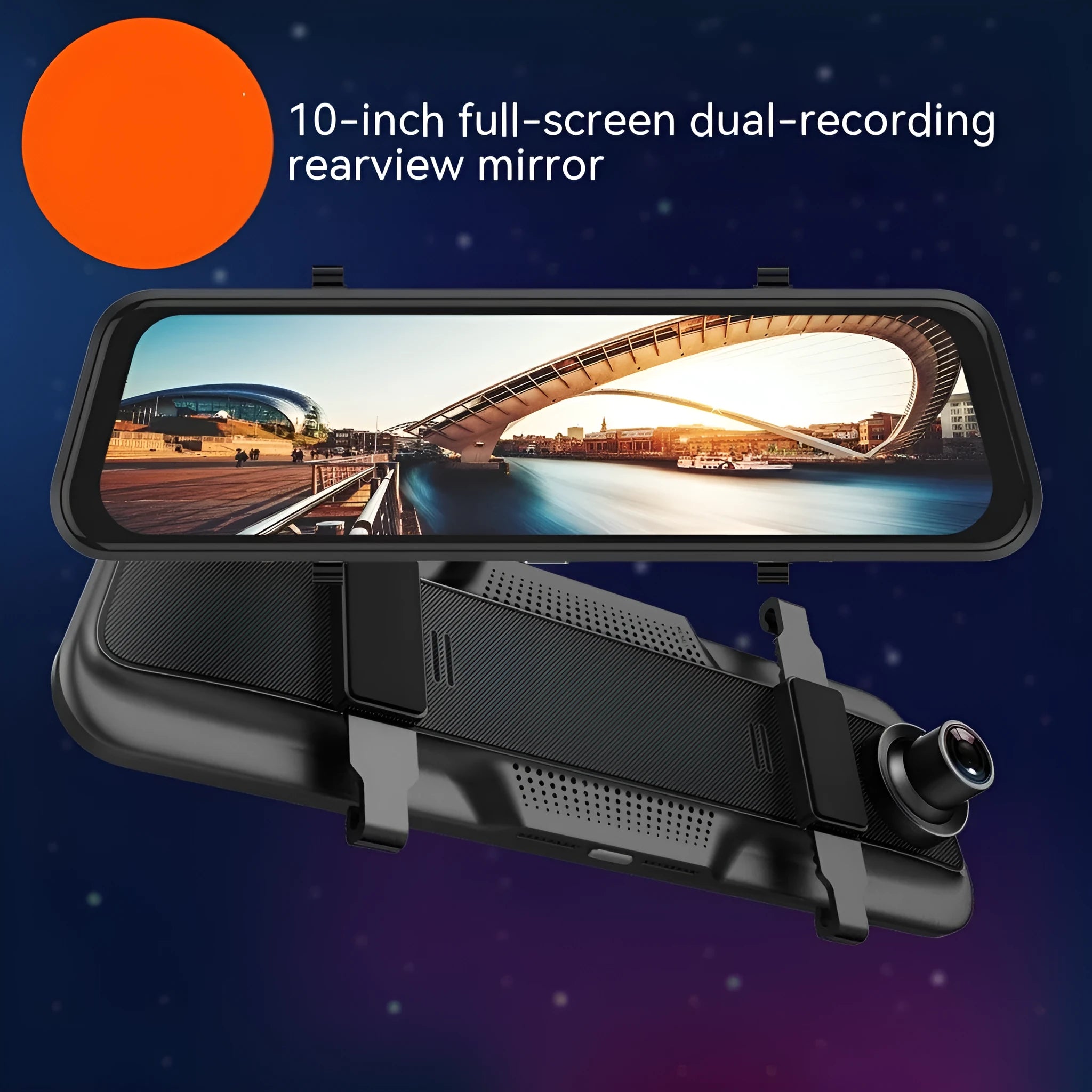 Black 10-inch touch screen driving recorder mounted as rearview mirror with wide angle lens