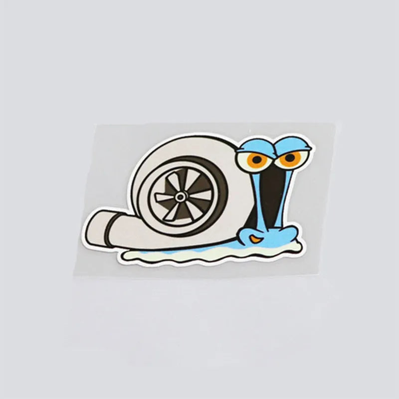 White reflective car sticker with cartoon snail design measuring 12x8cm for bumper application