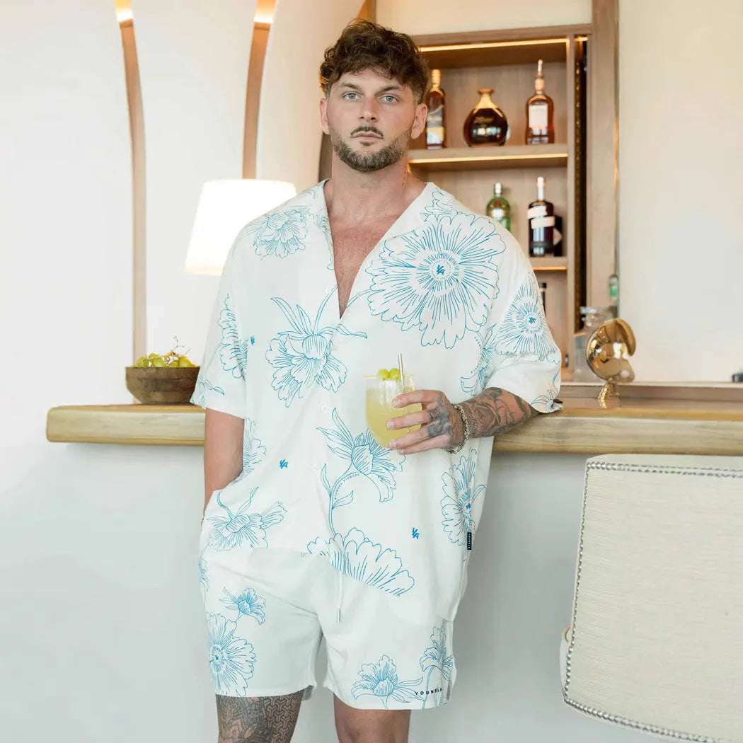 Printed floral pattern loose short sleeves top with cardigan style on male model