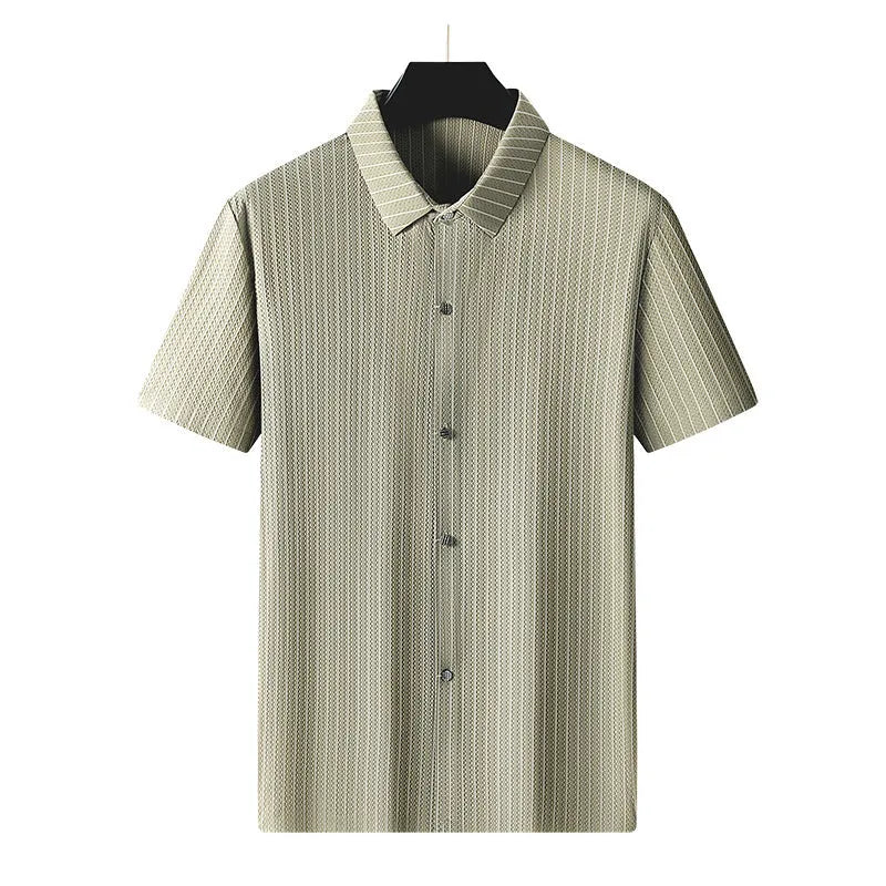 Men's plus-sized black striped ice silk shirt with square collar loose fit casual style