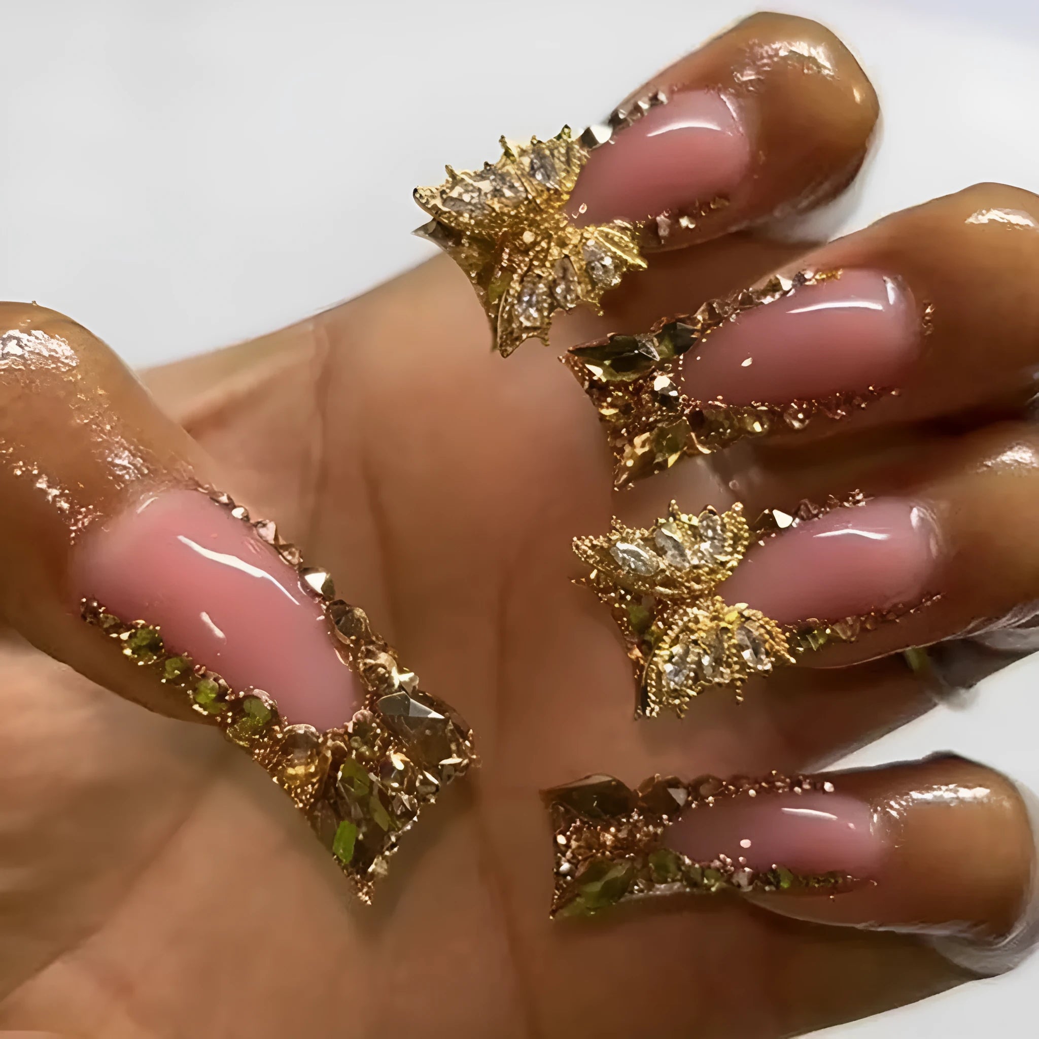 Golden diamond debris butterfly nail stickers set with jelly glue adhesive in D34 colour