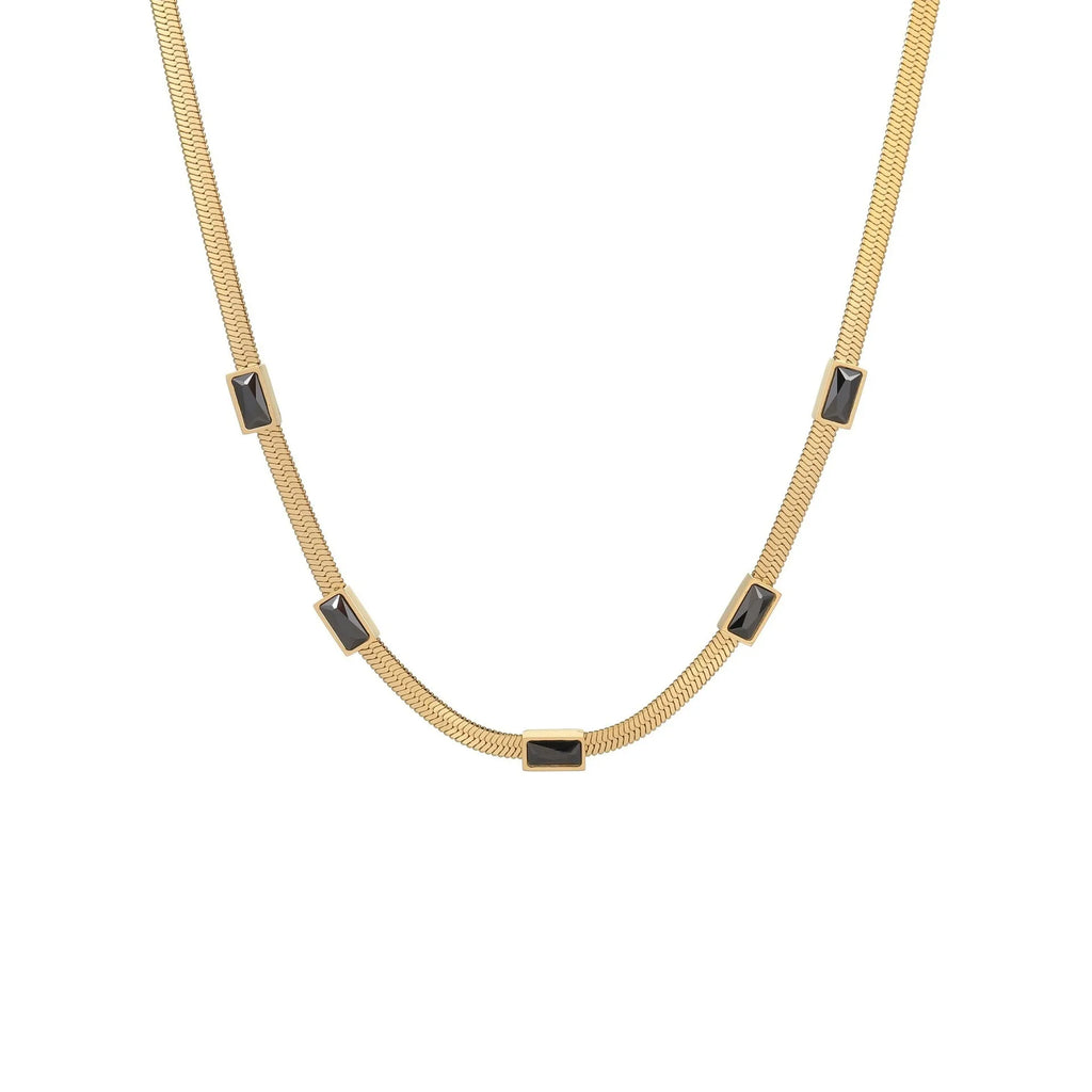 Geometric square zircon pendant necklace on flat snake chain in gold or steel colour