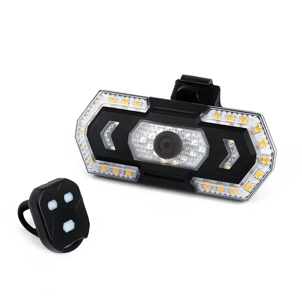 Black wireless remote control USB charging waterproof bicycle taillight with turn signals.