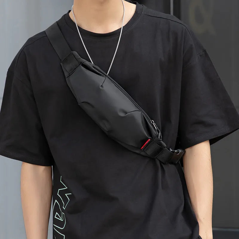 Black Oxford cloth waist pack with zipper opening showing internal mobile phone and ID card pockets