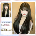 Dark brown women's wig with long straight hair and bangs style on wig head
