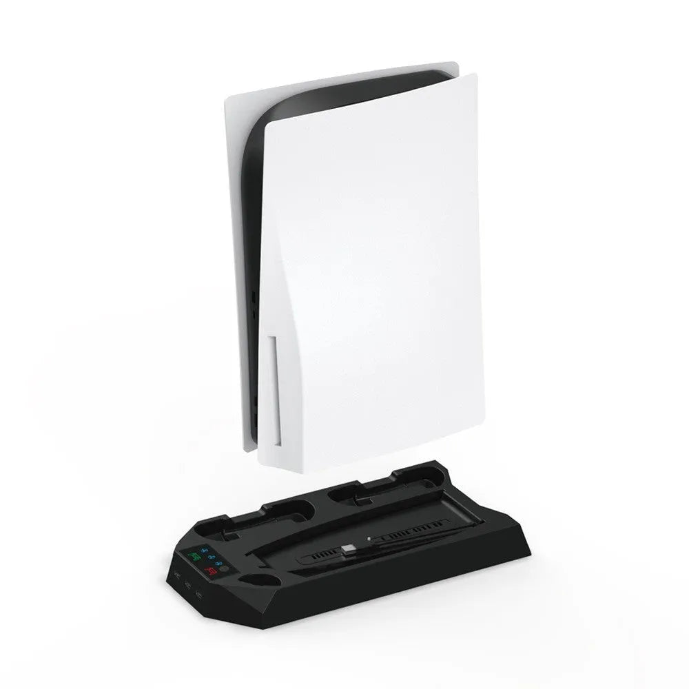 PS5 charging base radiator in black with dual USB ports storing controller and headset