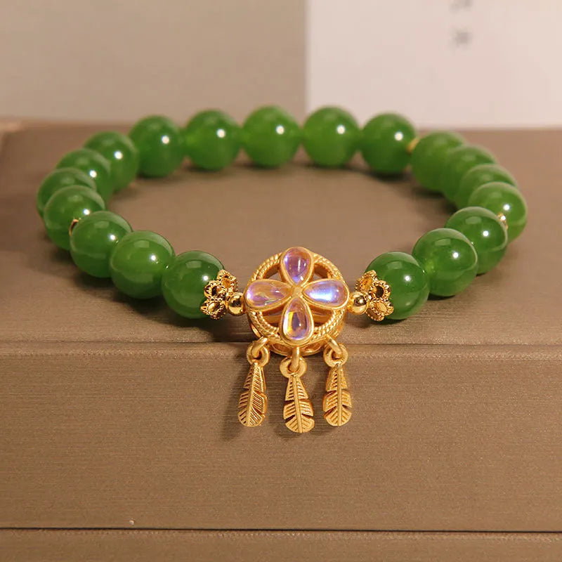 Women's green jasper crystal bracelet with four-leaf clover dream catcher pendant original design