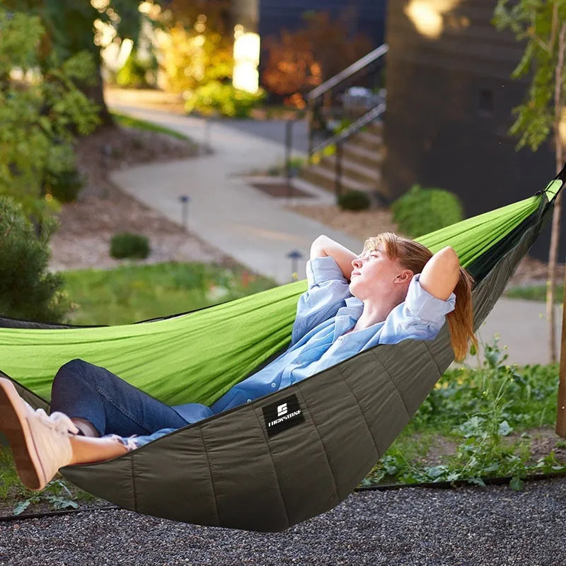 Army green thickened hammock sleeping bag with compression storage bag showing 238cm length