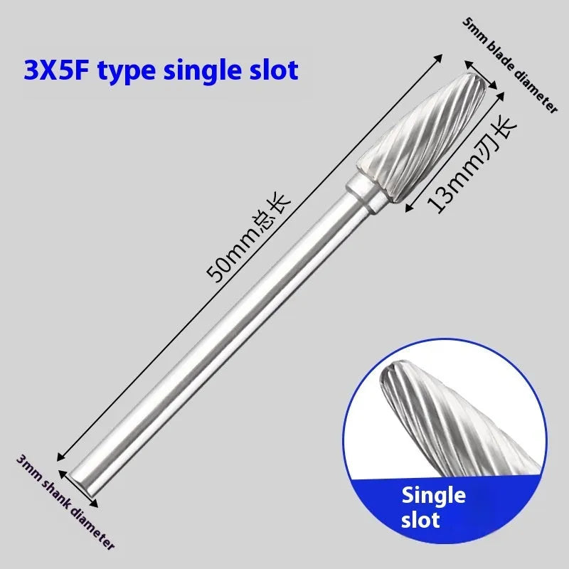 F-shaped tungsten steel rotary burr with alloy blade for grinding and engraving, single sink or double slot tooth shape