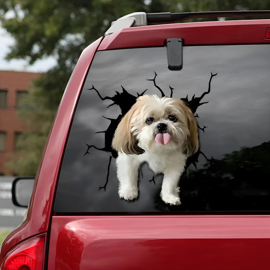 Torn-body dog design reflective window sticker in three size options on glass surface
