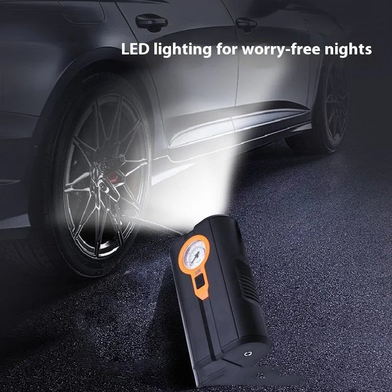 Portable car tyre inflator with digital display, integrated air pump, ABS and metal body, air nozzle and power cord
