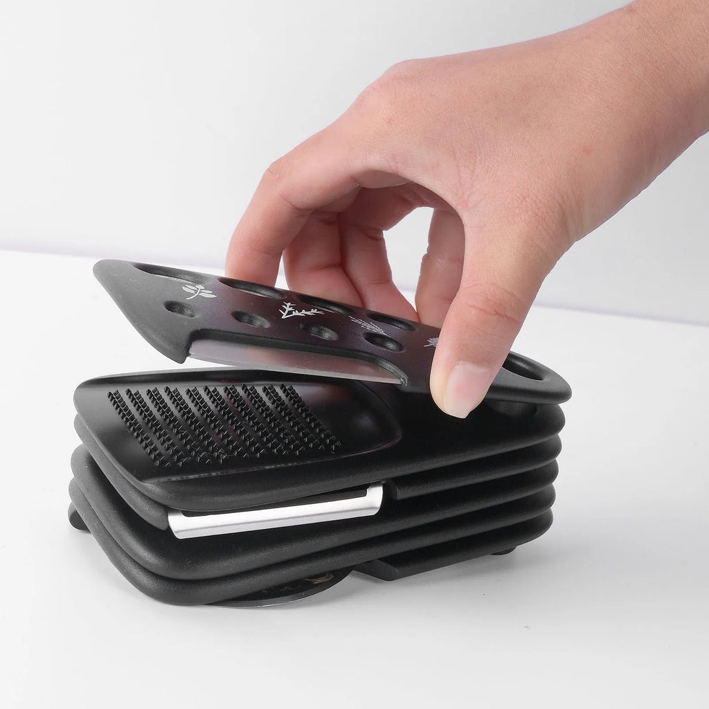 Six stackable kitchen tools with PP handles and stainless steel ends, plus cleaning brush, in colour box