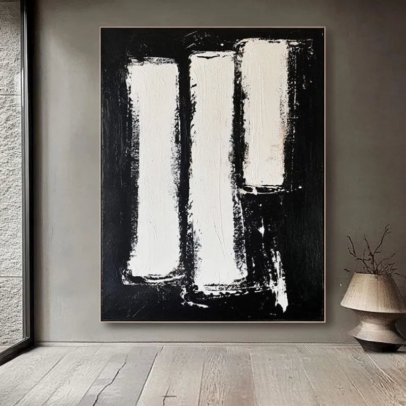 Black and white hand-painted abstract oil painting on rolled frameless canvas for home wall decor