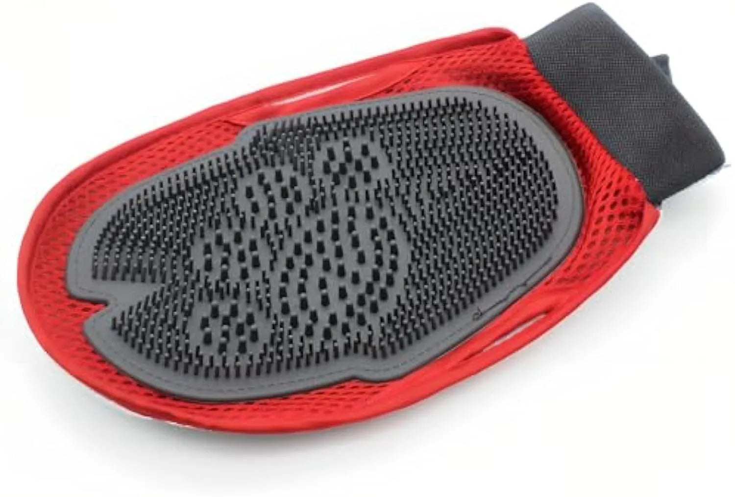Red pet bathing glove with silicone brush bristles on palm, showing adjustable strap and dimensions of 26cm by 16cm.