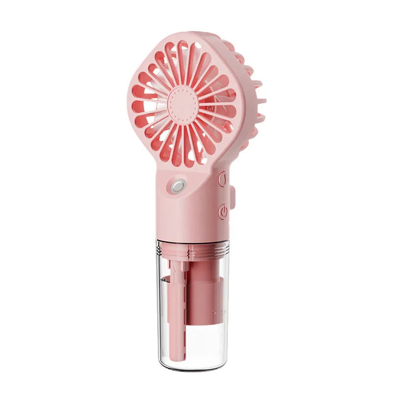 Handheld portable mist fan in various colours with transparent water tank and control button.