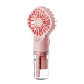 Handheld portable mist fan in various colours with transparent water tank and control button.