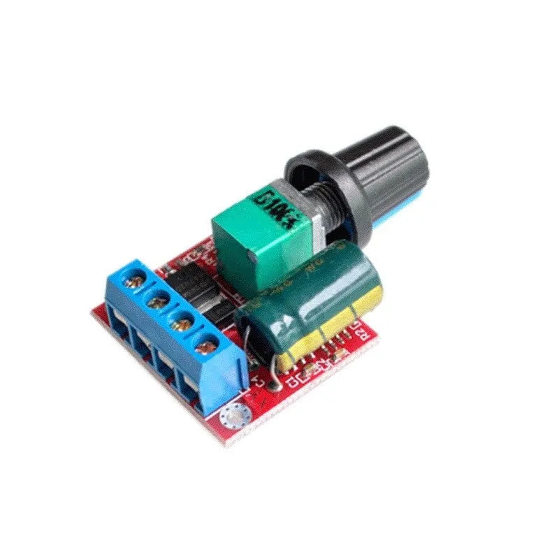 PWM DC motor governor with potentiometer knob for speed control, measuring 30mm × 26mm × 14mm