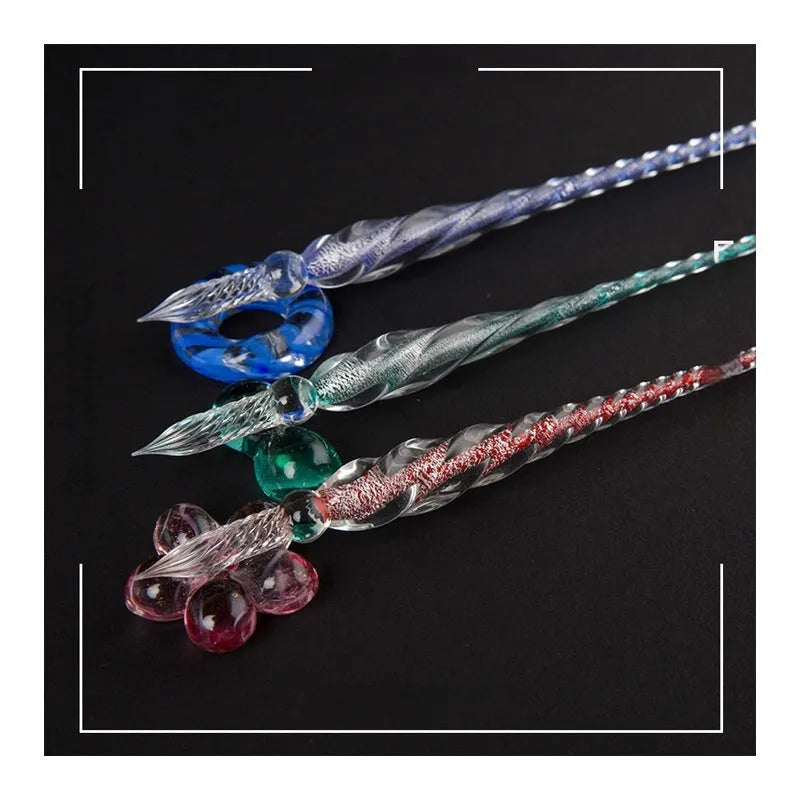 Transparent glass crystal pen with coloured ink visible inside, 0.5mm fine tip, simple modern design