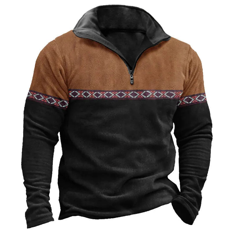 Retro patchwork zip-front polo shirt sweater in cotton blend fabric
