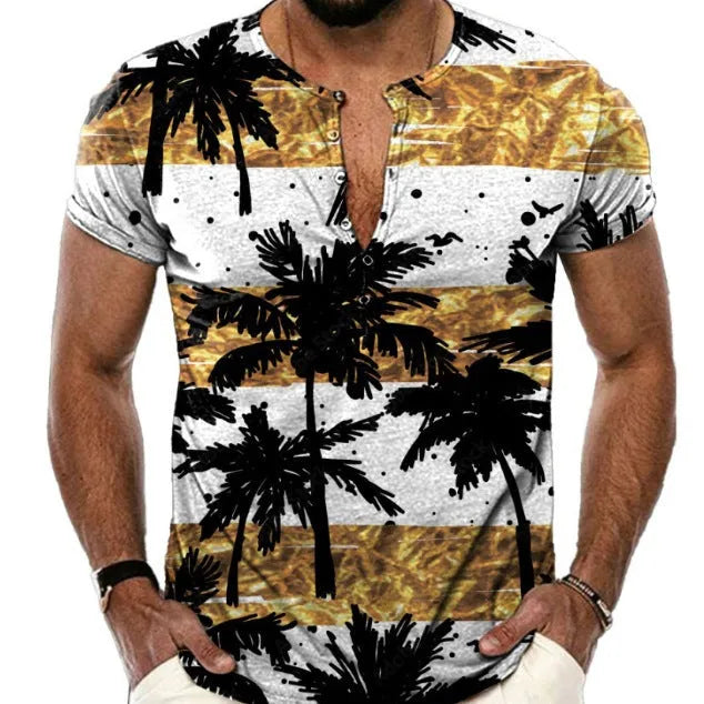 Men's blue short sleeve sports shirt with 3D printed pattern, button front, and lapel.