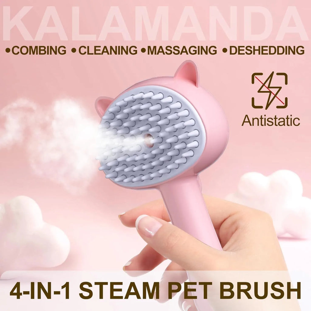 Cat steam brush with blue handle, rubber bristles, and one-click release button for pet grooming