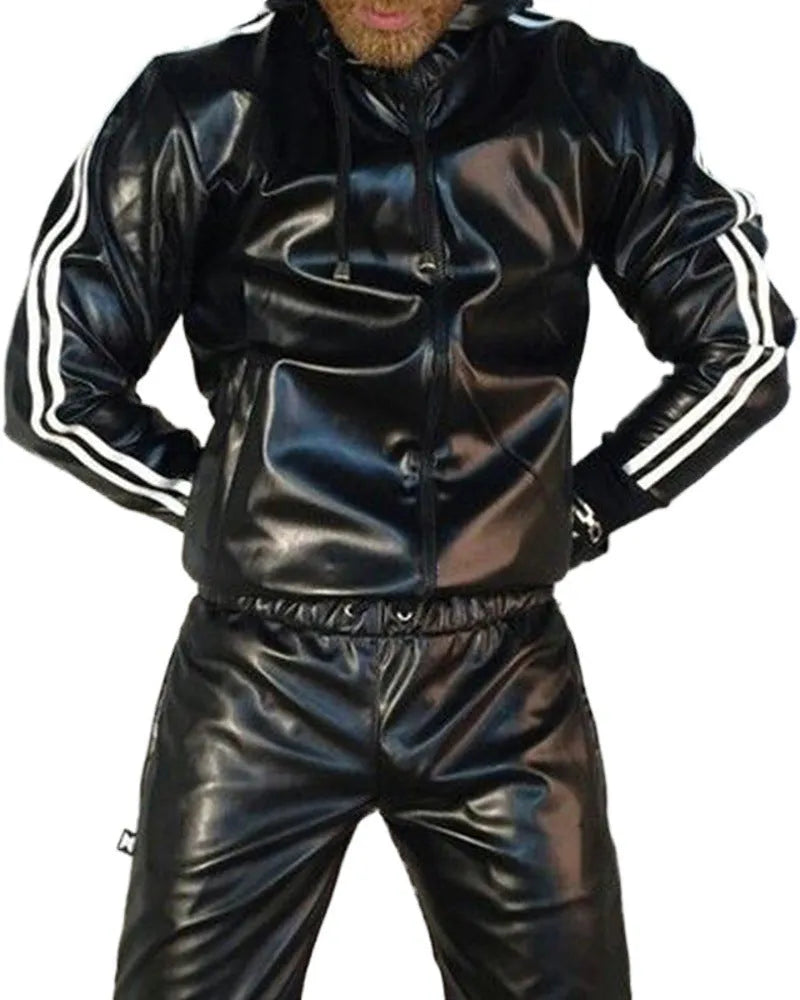 Men's black PU leather hooded sports jacket and matching trousers set for autumn sports